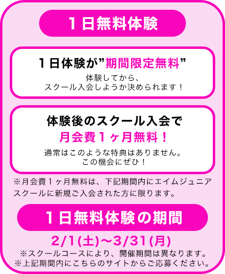 「１日無料体験でおトクに入会しよう」の図解