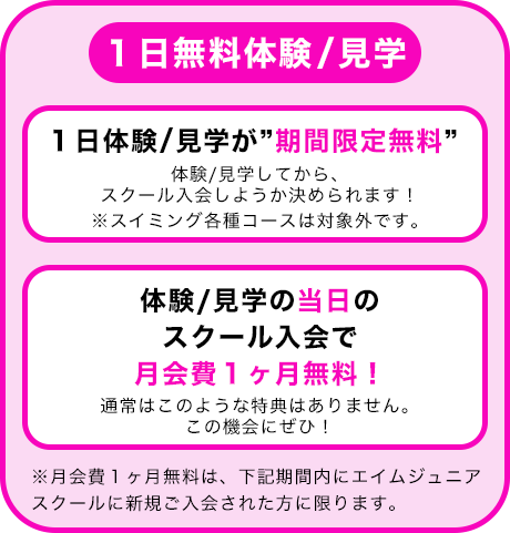 「１日無料体験でおトクに入会しよう」の図解