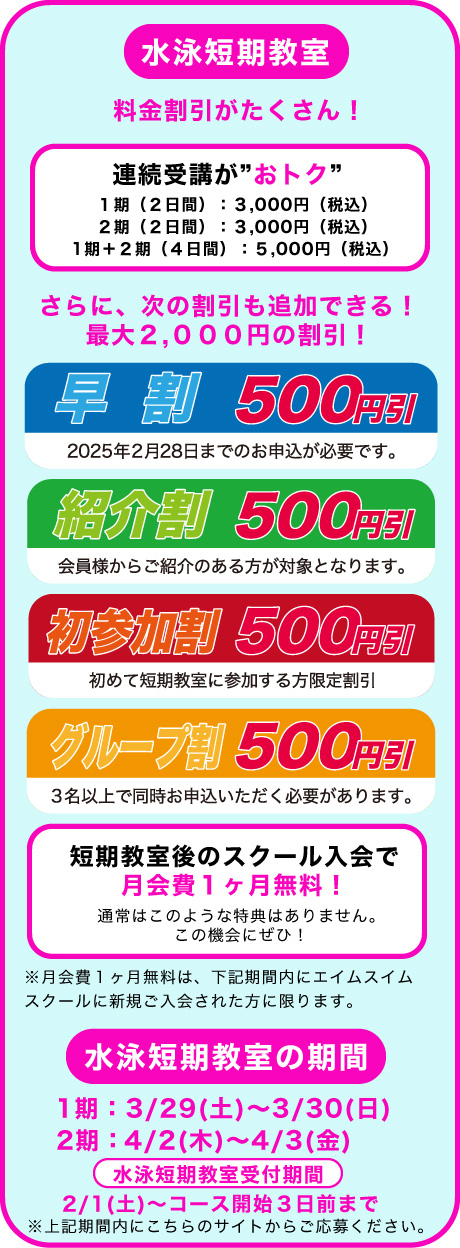 「水泳短期教室でおトクに入会しよう」の図解